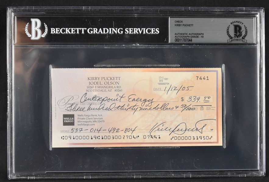 Kirby Puckett Signed Personal Check w/Autograph Graded BGS 10 