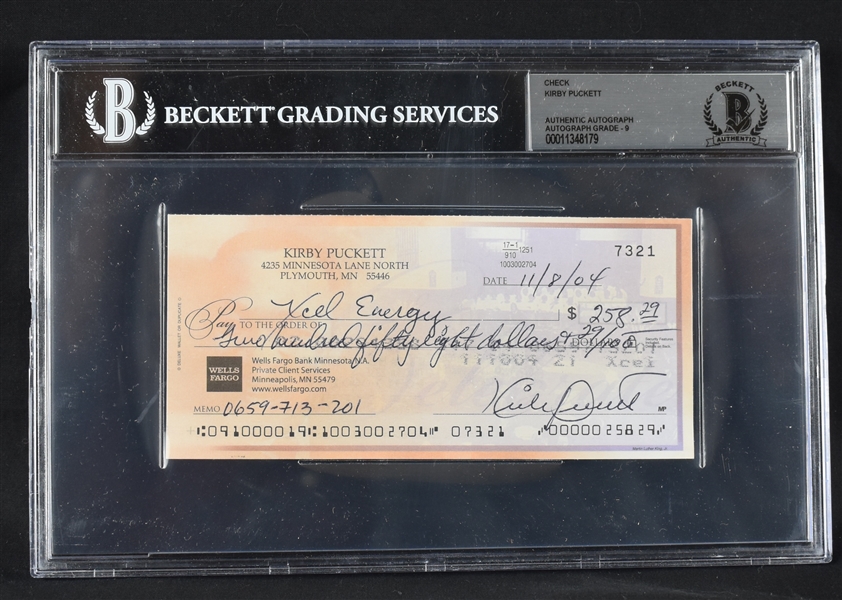 Kirby Puckett Signed Personal Check w/Autograph Graded BGS 9