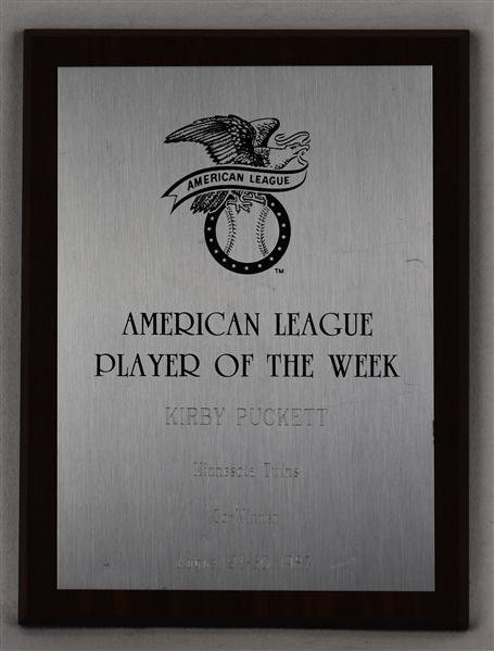 Kirby Pucketts 1987 Player of the Week Award w/Puckett Family Provenance