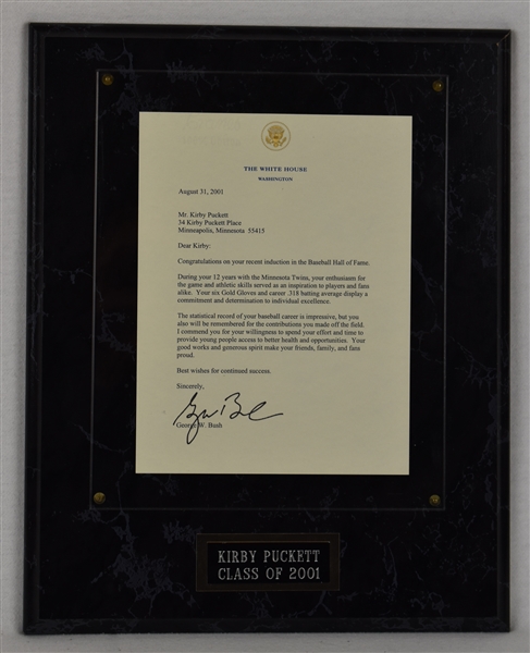 Kirby Pucketts 2001 George Bush Hall of Fame Letter w/Puckett Family Provenance