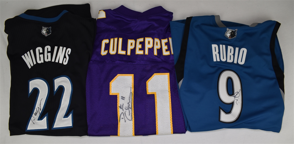 Ricky Rubio Andrew Wiggins & Daunte Culpepper Autographed Jerseys