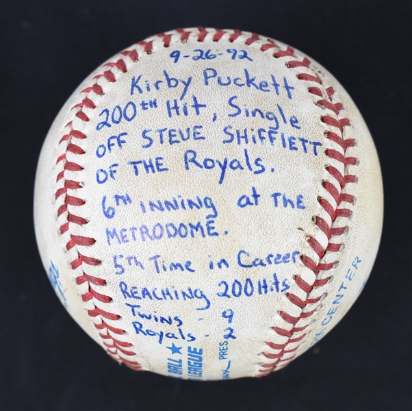 Kirby Pucketts 200th Hit Baseball From 1992 w/Puckett Family Provenance