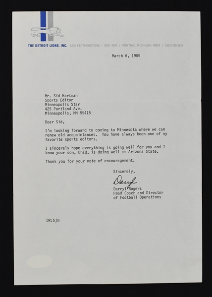 Darryl Rogers Detroit Lions Signed Letter to Sid Hartman 