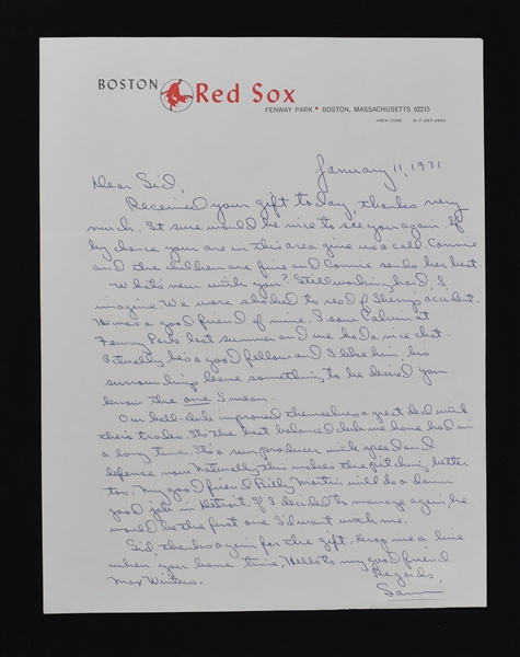 Sam Mele Boston Red Sox Signed Hand Written Letter to Sid Hartman