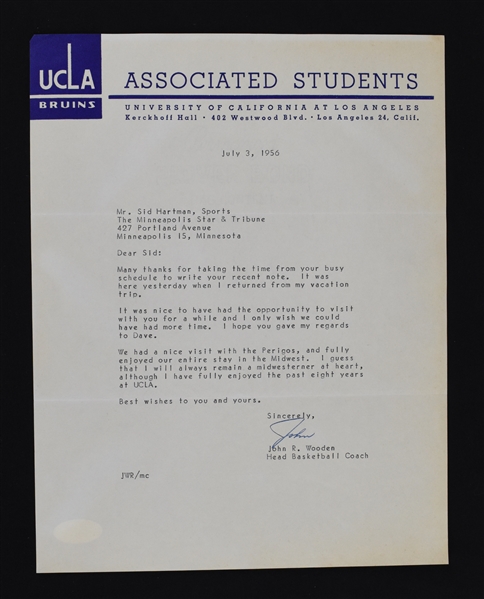 John Wooden UCLA Signed Letter to Sid Hartman