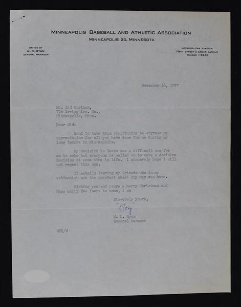 Rosy Ryan Signed Letter to Sid Hartman