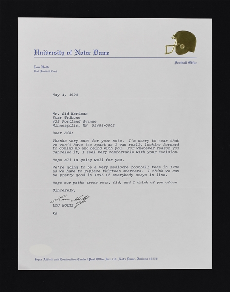 Lou Holtz Notre Dame Signed Letter to Sid Hartman 