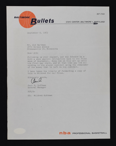 Jerry Kobin & Paul Hoffman Baltimore Bullets Signed Letters to Sid Hartman
