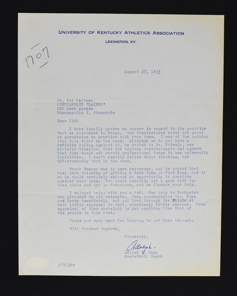 Adolph Rupp Signed Kentucky Wildcats Letter to Sid Hartman