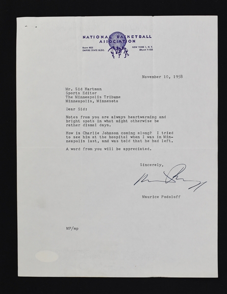 Maurice Podoloff Signed Letter to Sid Hartman