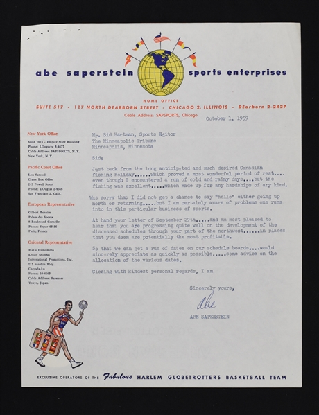 Abe Saperstein Signed Letter to Sid Hartman