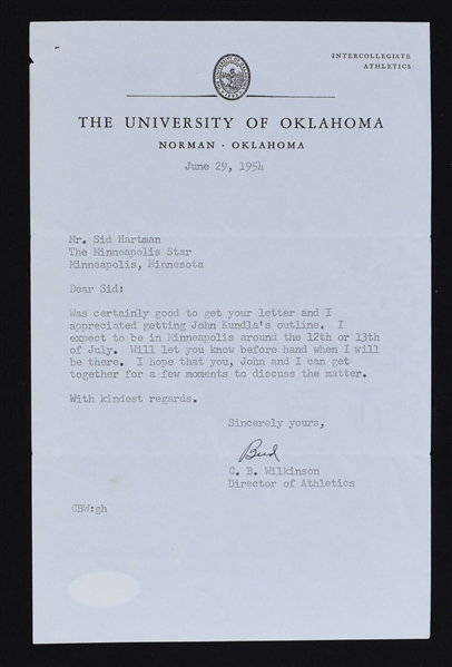 Bud Wilkinson Oklahoma Sooners Signed Letter to Sid Hartman