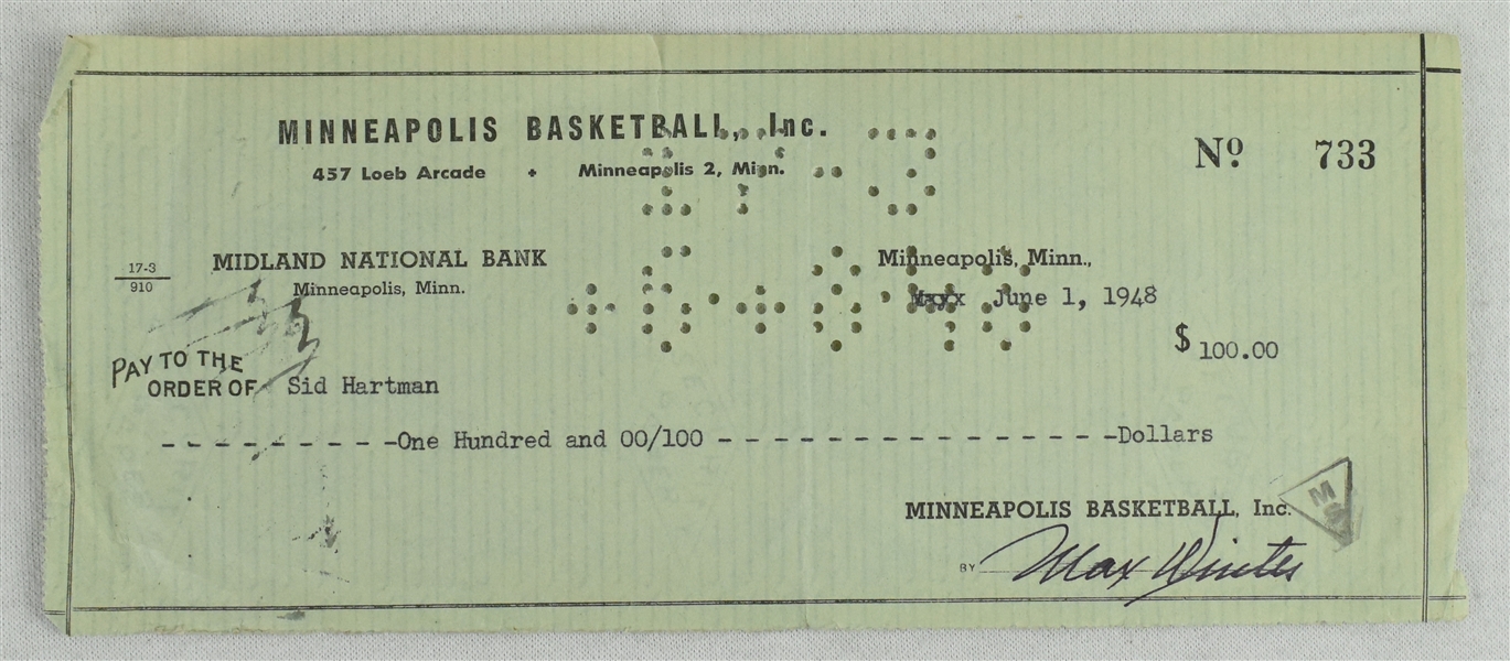 Max Winter & Sid Hartman Signed Minneapolis Lakers Check From 1948 