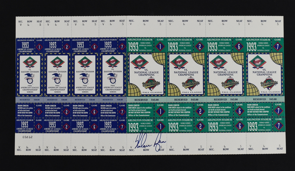 Texas Rangers 1993 Ticket Sheet Signed by Nolan Ryan