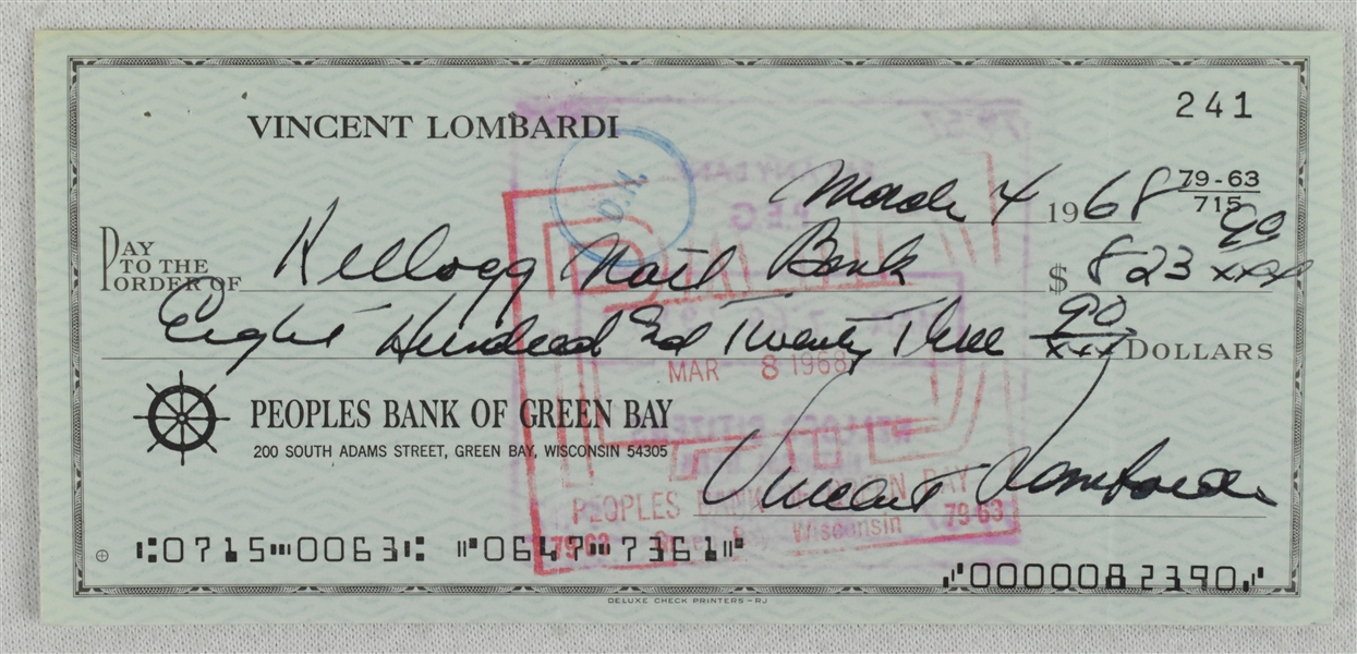 Vince Lombardi Signed 1968 Personal Check #241