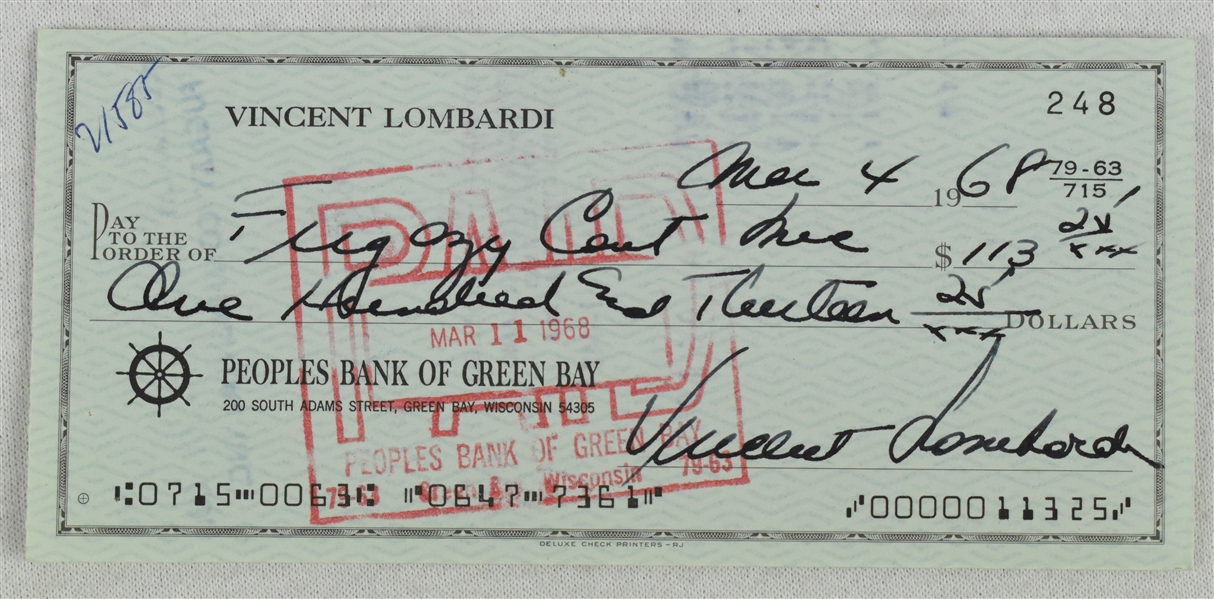 Vince Lombardi Signed 1968 Personal Check #248 