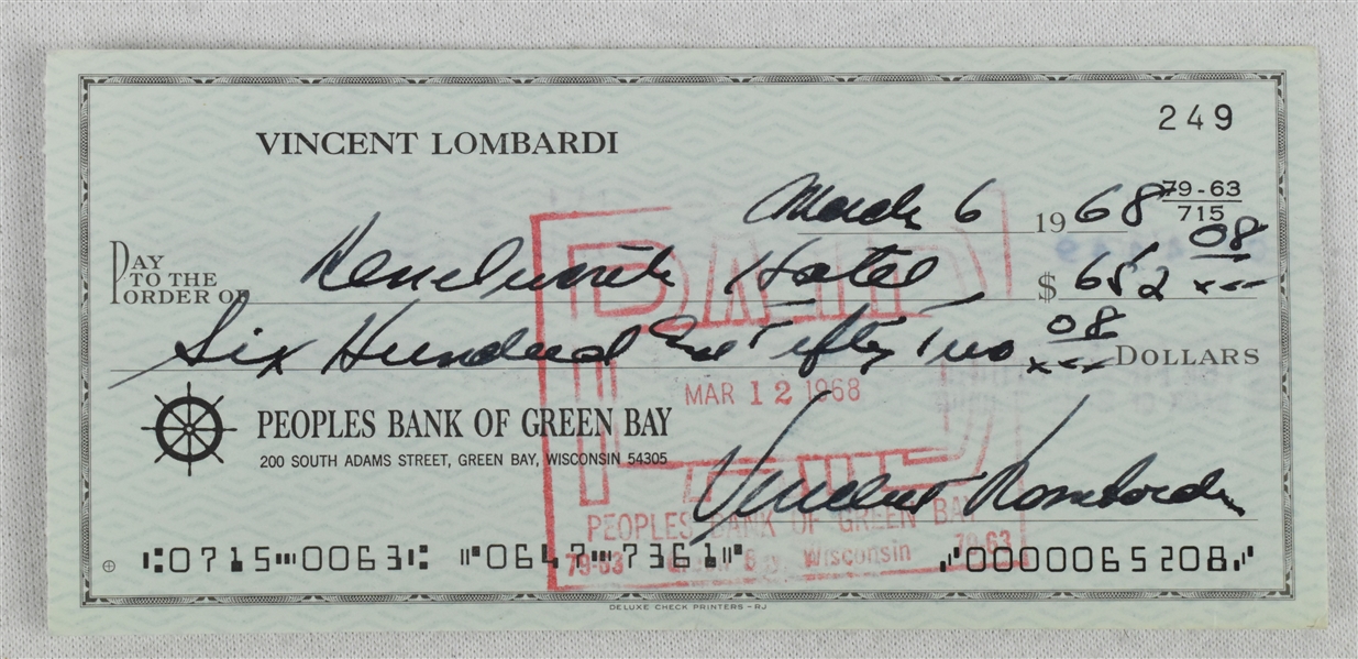 Vince Lombardi Signed 1968 Personal Check #249 