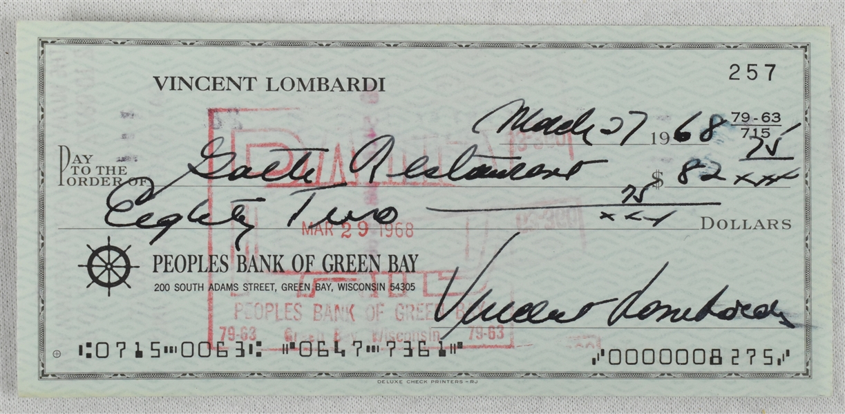 Vince Lombardi Signed 1968 Personal Check #257 