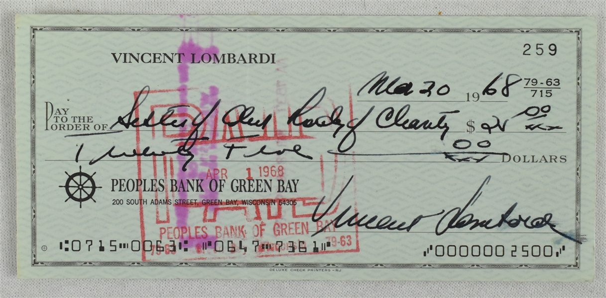 Vince Lombardi Signed 1968 Personal Check #259 