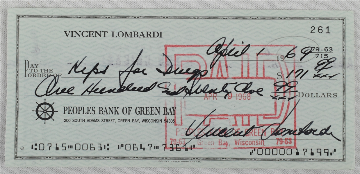 Vince Lombardi Signed 1968 Personal Check #261 