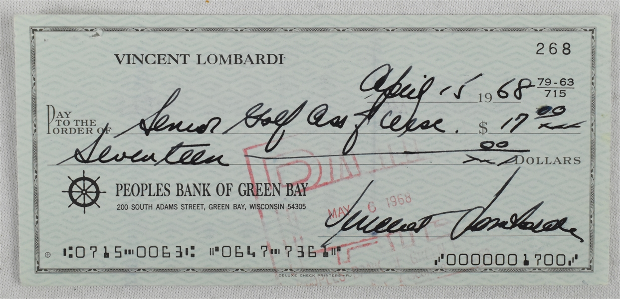 Vince Lombardi Signed 1968 Personal Check #268