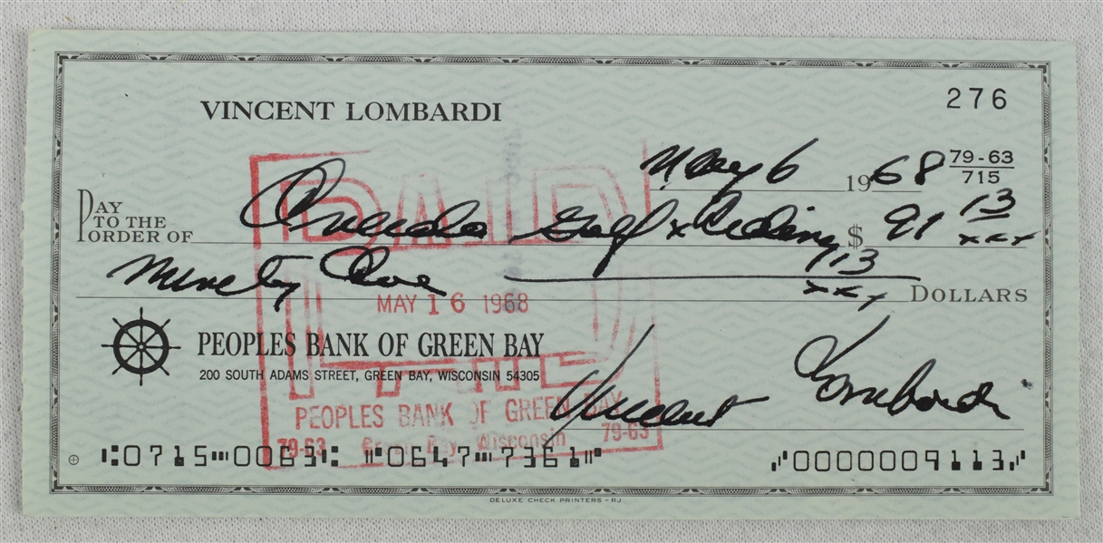 Vince Lombardi Signed 1968 Personal Check #276 