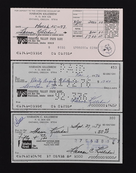 Harmon Killebrew Lot of 2 Autographed Checks & Deposit Slip