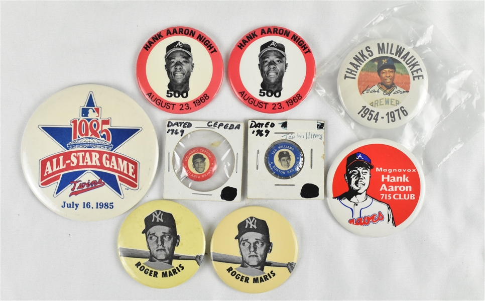 Collection of Pinback Buttons w/Roger Maris Ted Williams & Hank Aaron