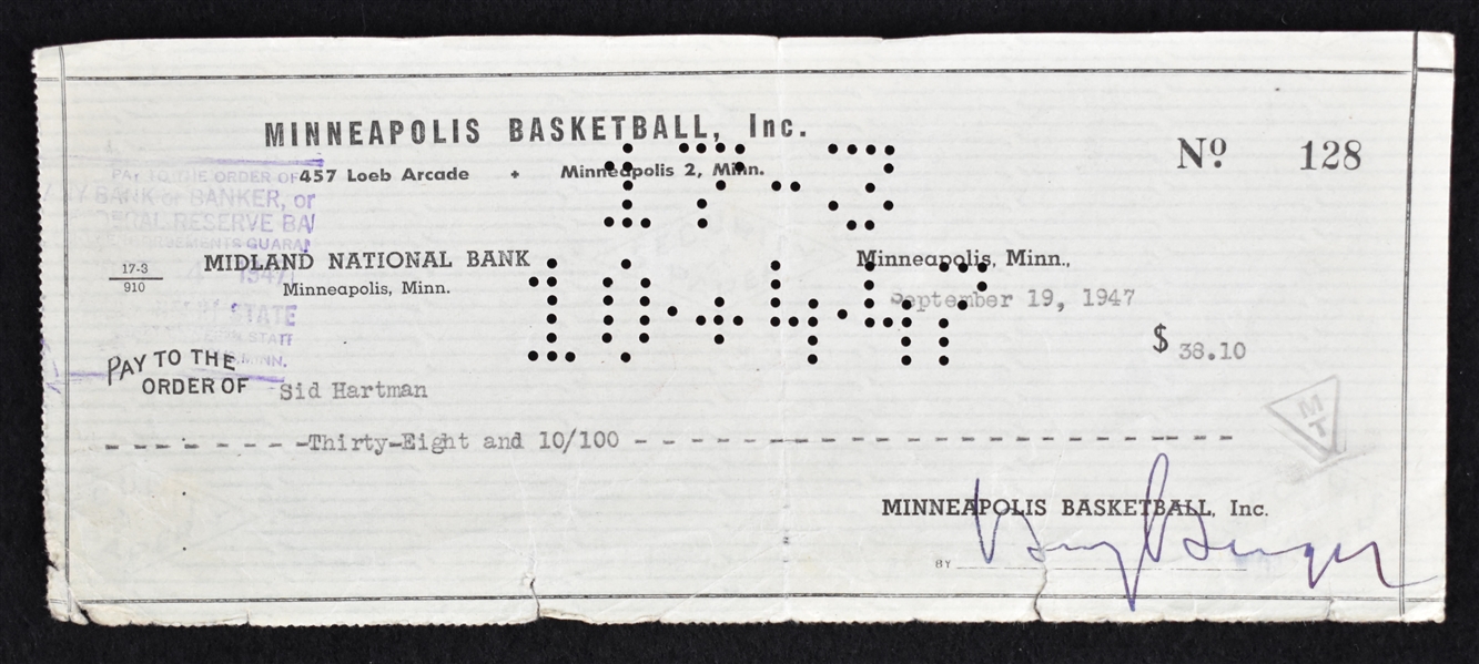 Sid Hartman Early 1947 Minneapolis Lakers Signed Check