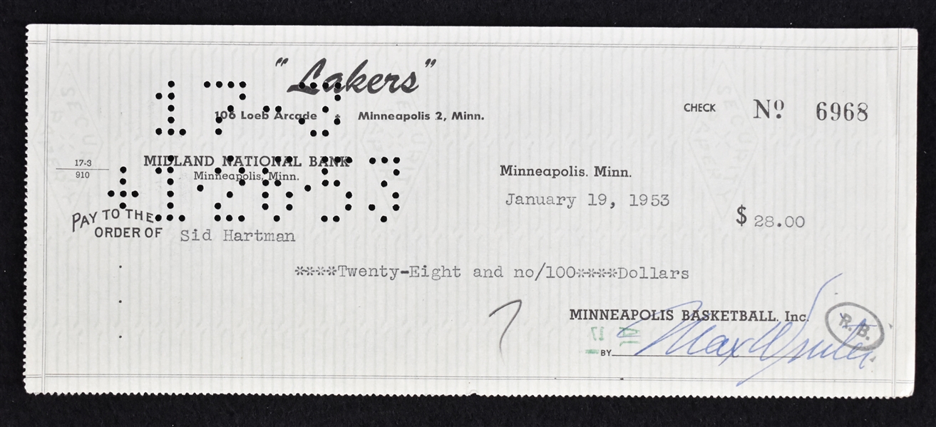 Max Winter & Sid Hartman Minneapolis Lakers Signed Check From 1953
