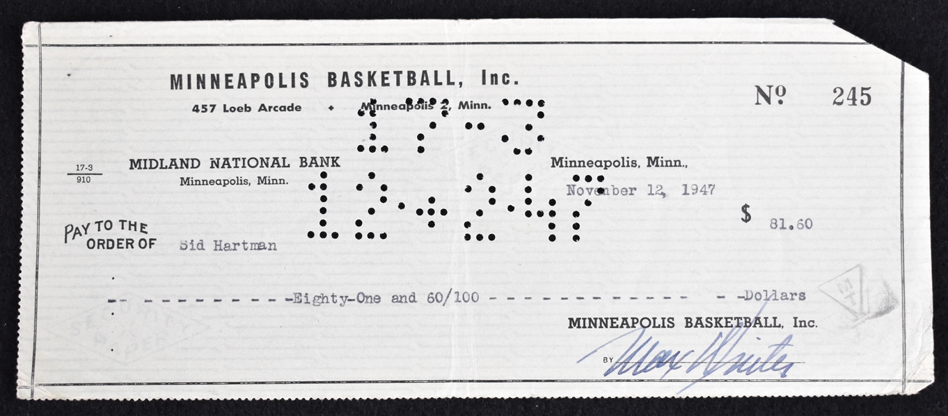 Max Winter & Sid Hartman Minneapolis Lakers Signed Check From 1947