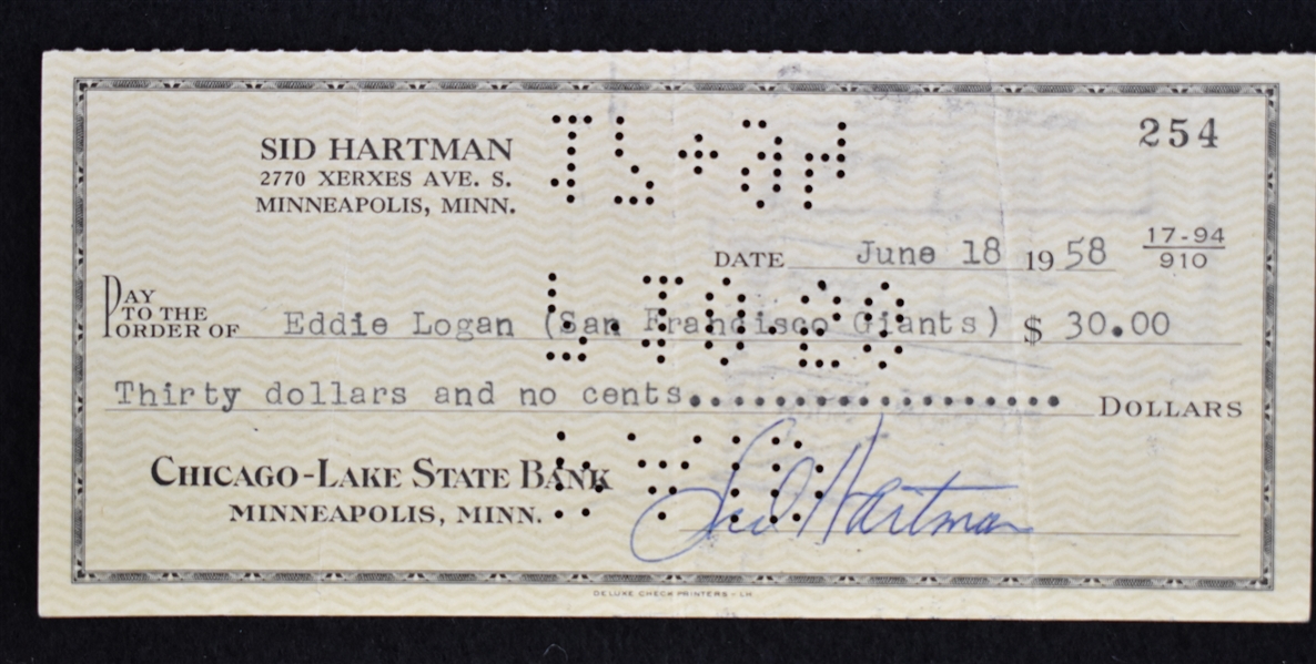 Sid Hartman & Eddie Logan Signed Check From 1958