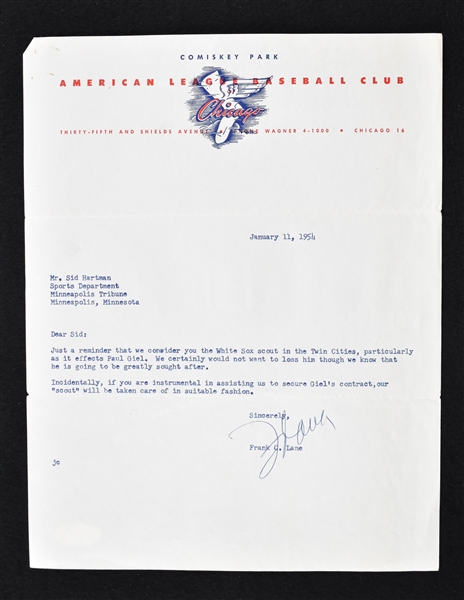 Frank Lane 1954 Chicago White Sox Signed Letter to Sid Hartman 