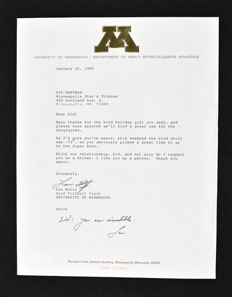 Lou Holtz 1985 Minnesota Gophers Signed Letter to Sid Hartman 