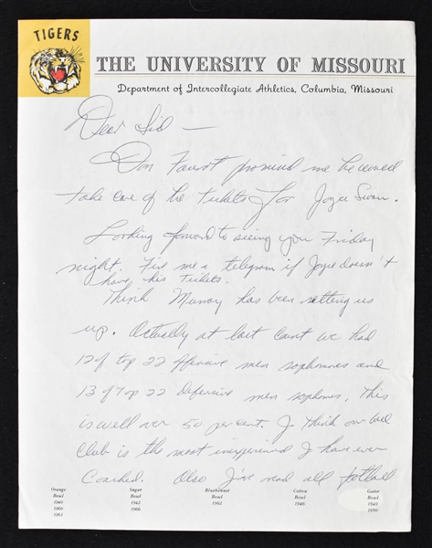 Dan Devine Missouri Tigers Handwritten Letter to Sid Hartman 