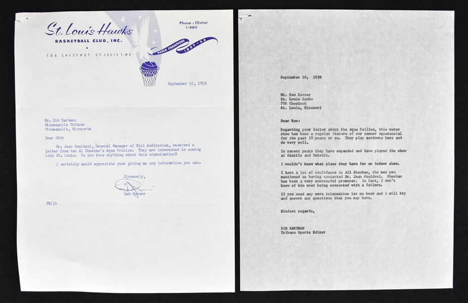 Ben Kerner 1958 St. Louis Hawks Signed Letter to Sid Hartman 