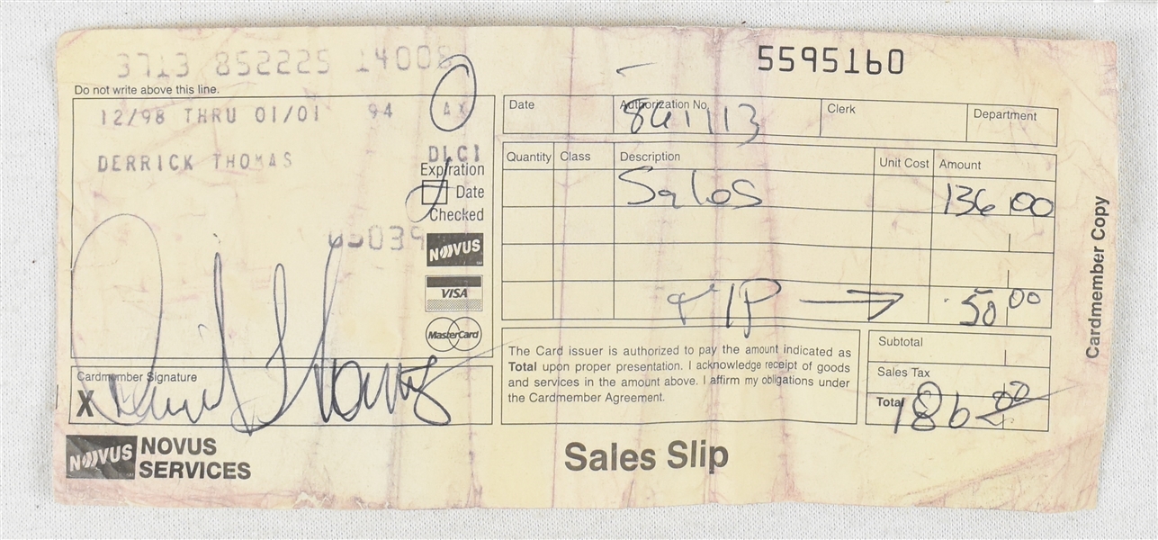 Derrick Thomas Signed Credit Card Receipt Acquired From DTs Mother