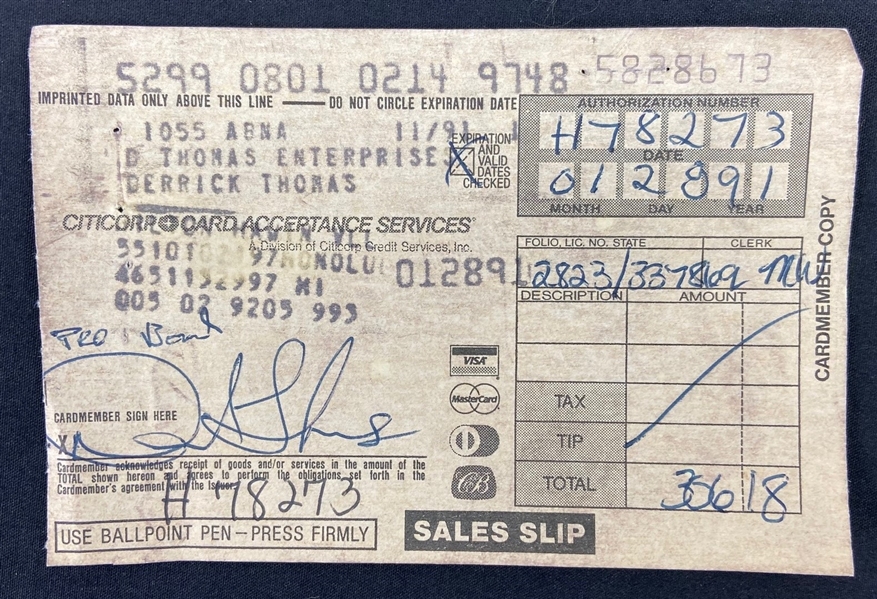 Derrick Thomas Pro Bowl Hotel Receipts w/Signed Credit Ticket Acquired From DTs Mother