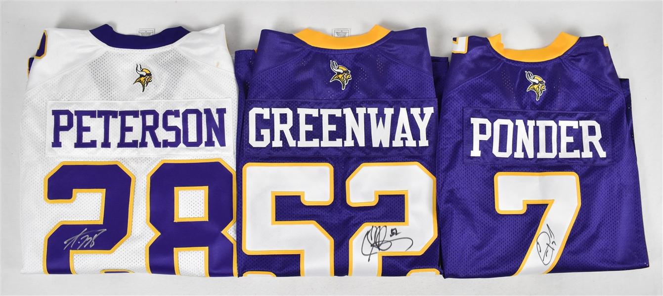 Adrian Peterson Christian Ponder & Chad Greenway Autographed Jerseys