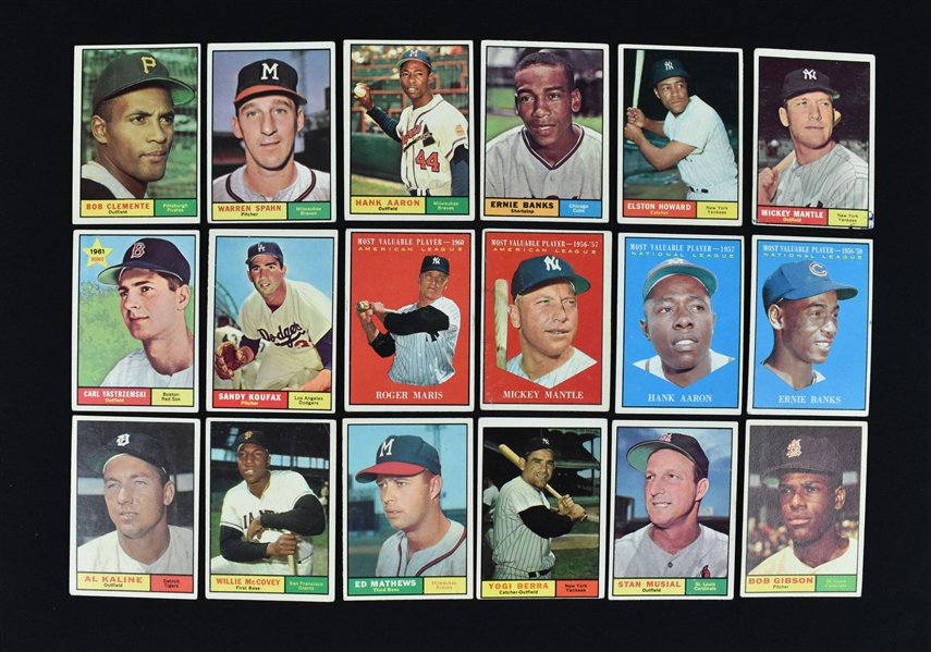 Collection of 1961 Topps Baseball Cards w/Mickey Mantle & Roberto Clemente