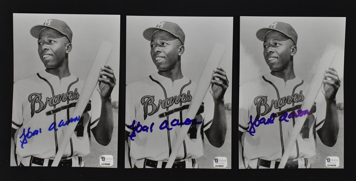Hank Aaron Lot of 3 Autographed 5x7 B/W Photos