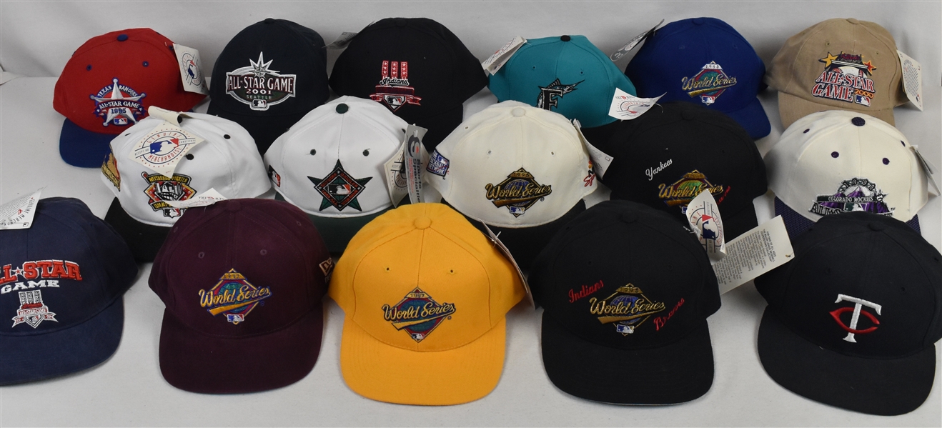Collection of 16 Unused World Series & All-Star Game Hats w/Tags