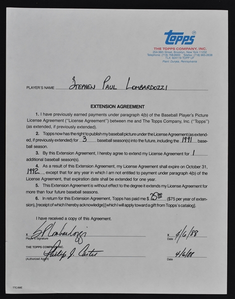 Steve Lombardozzi 1991 Topps Baseball Card Contract