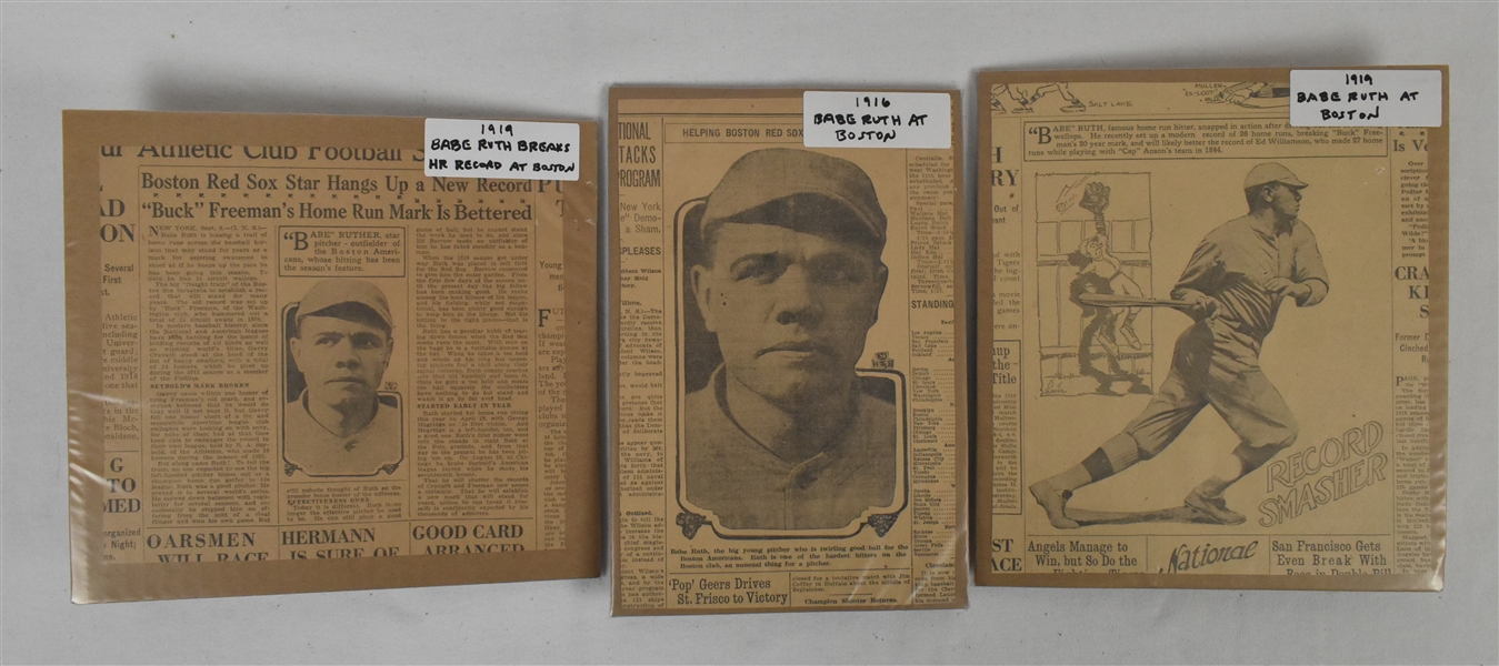Collection of 3 Vintage Babe Ruth Newspapers w/Boston Red Sox