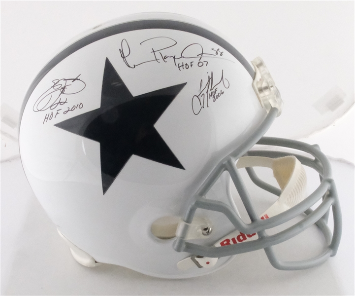 Troy Aikman Emmitt Smith & Michael Irvin Autographed & Inscribed HOF Dallas Cowboys Full Size Helmet