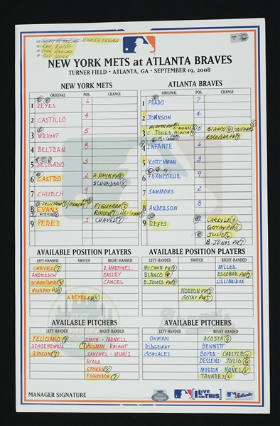 Atlanta Braves vs. NY Mets 2008 Line Up Card Steiner