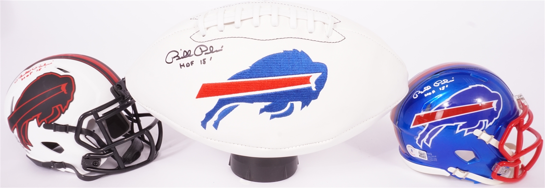 Lot of 3 Bill Polian Autographed Buffalo Bills Mini Helmets and Football Beckett