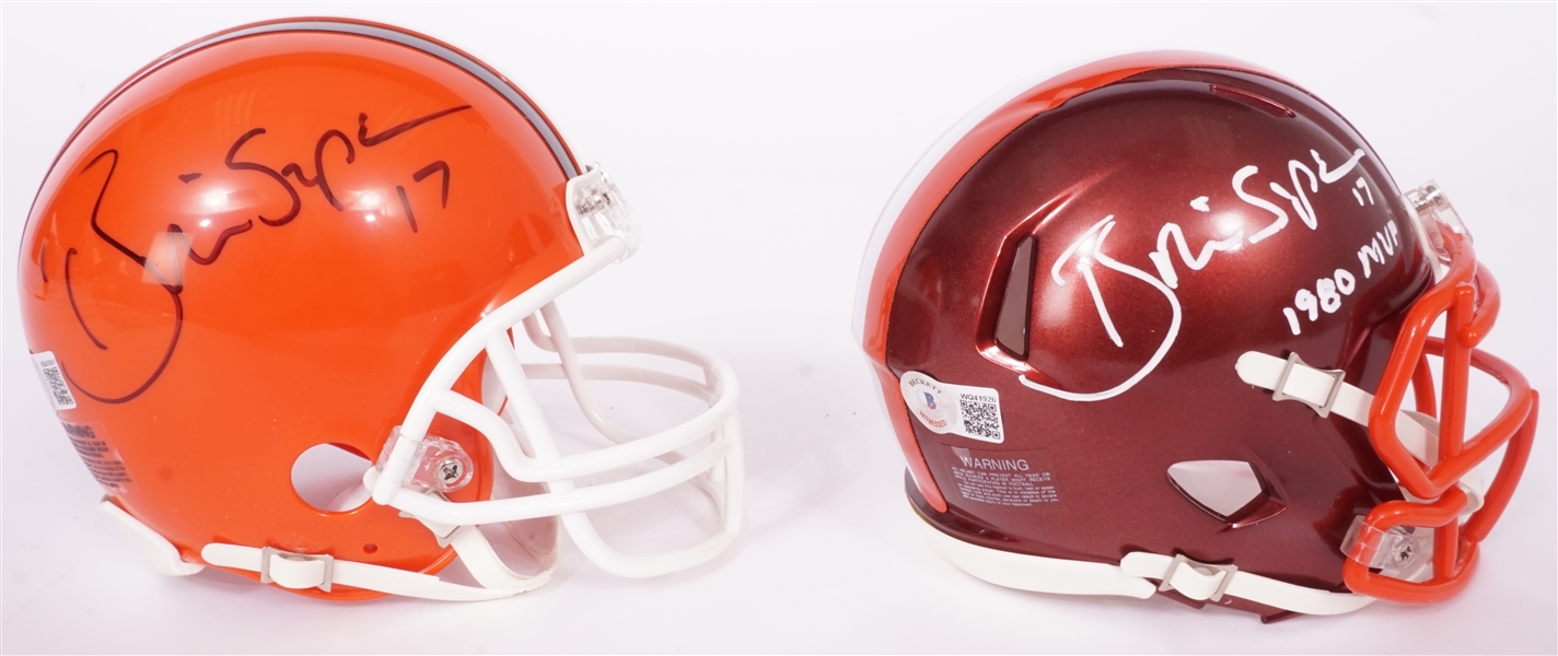 Lot of 2 Brian Sipe Autographed Cleveland Browns Mini Helmets (1 w/ 1980 MVP Inscription) Beckett