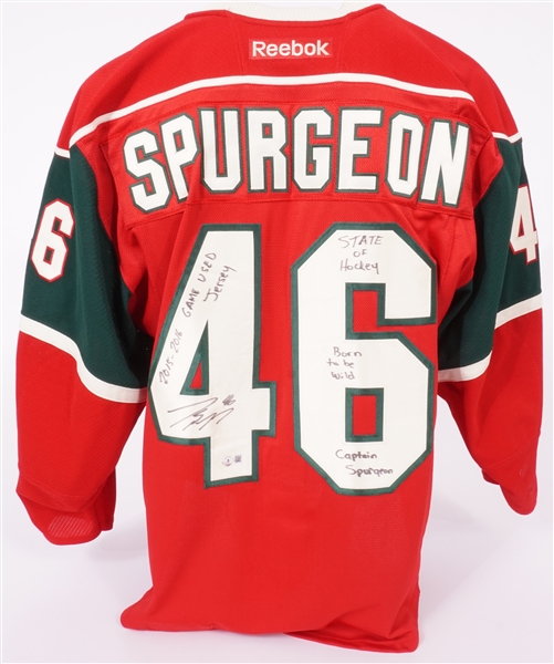 Jared Spurgeon Game Used Autographed & Inscribed Minnesota Wild Jersey w/Player Provenance