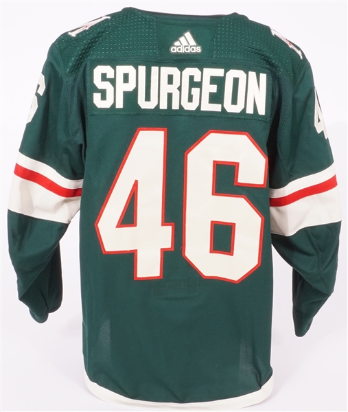 Jared Spurgeon 2020-21 Minnesota Wild Game Worn Green Home Set 2 Jersey 20th Anniversary Patch 1st Year Captain’s “C” Patch Team LOA Photo Match